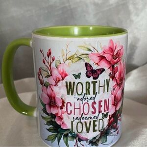 Worthy Chosen Loved Floral Mug - Pink & Green 11oz